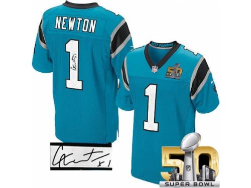 Men's Nike Carolina Panthers #1 Cam Newton Blue Alternate Elite Autographed Super Bowl L NFL Jersey
