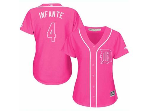 Women Majestic Detroit Tigers #4 Omar Infante Pink Fashion Cool Base MLB Jersey