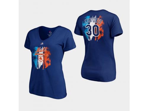 Women's New York Mets 2019 Spring Training #30 Royal Michael Conforto V-Neck T-Shirt